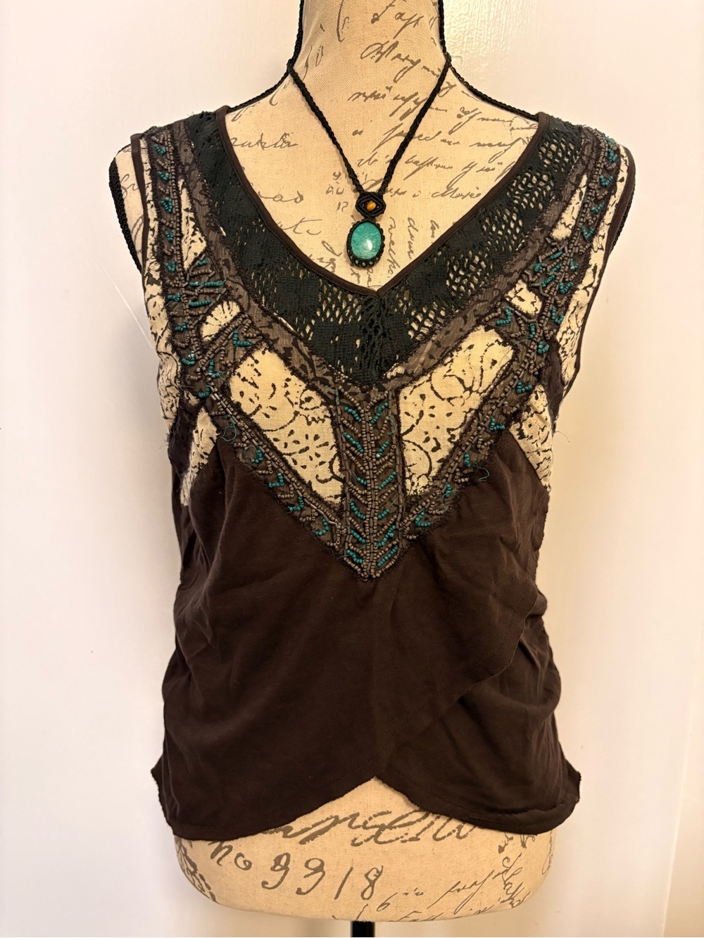 Free People *Sleeveless Brown Lace-Trim Tank Top with Bead Embroidery